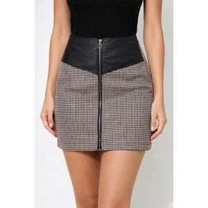 Mini Skirt Houndstooth Faux Leather Accents Full Front Zip Size Medium Y2K 90s